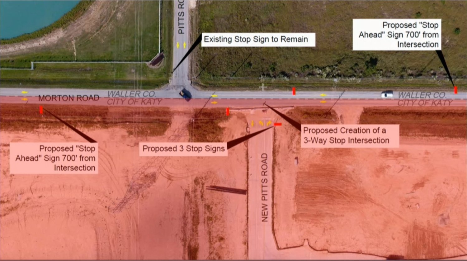 A map showing where two stop signs will be installed on Morton Road near the Pitts Road intersection.